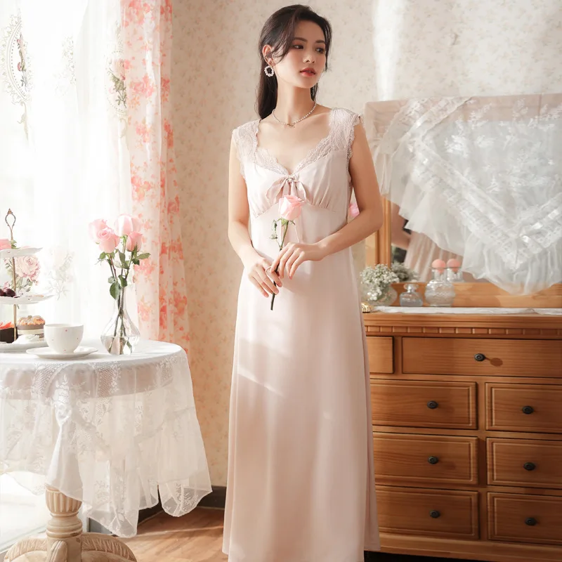 Romantic Satin Nightgown Women Summer Sexy Lace Sleeveless Nighty Peignoir Ice Silk Negligee Long Night Dress Princess Sleepwear