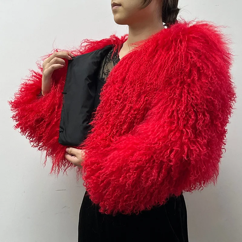 Lady Luxury Mongolian Sheep Fur Coats Winter Thick Warm Crop Jacket Natural Fur Coats Women 2023 S5246 enlarge
