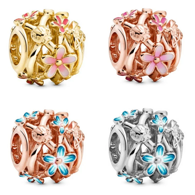 925 посеребренный вырезанный розовый фотоэлемент для браслетов Pandora ожерелья