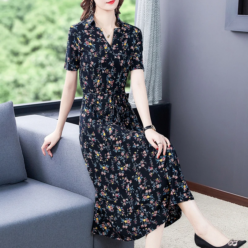 

Women Floral Rayon V-Neck Beach Midi Dress Summer Short Sleeve Light Elegant Bodycon Dress 2023 Korean Vintage Casual Vestidos