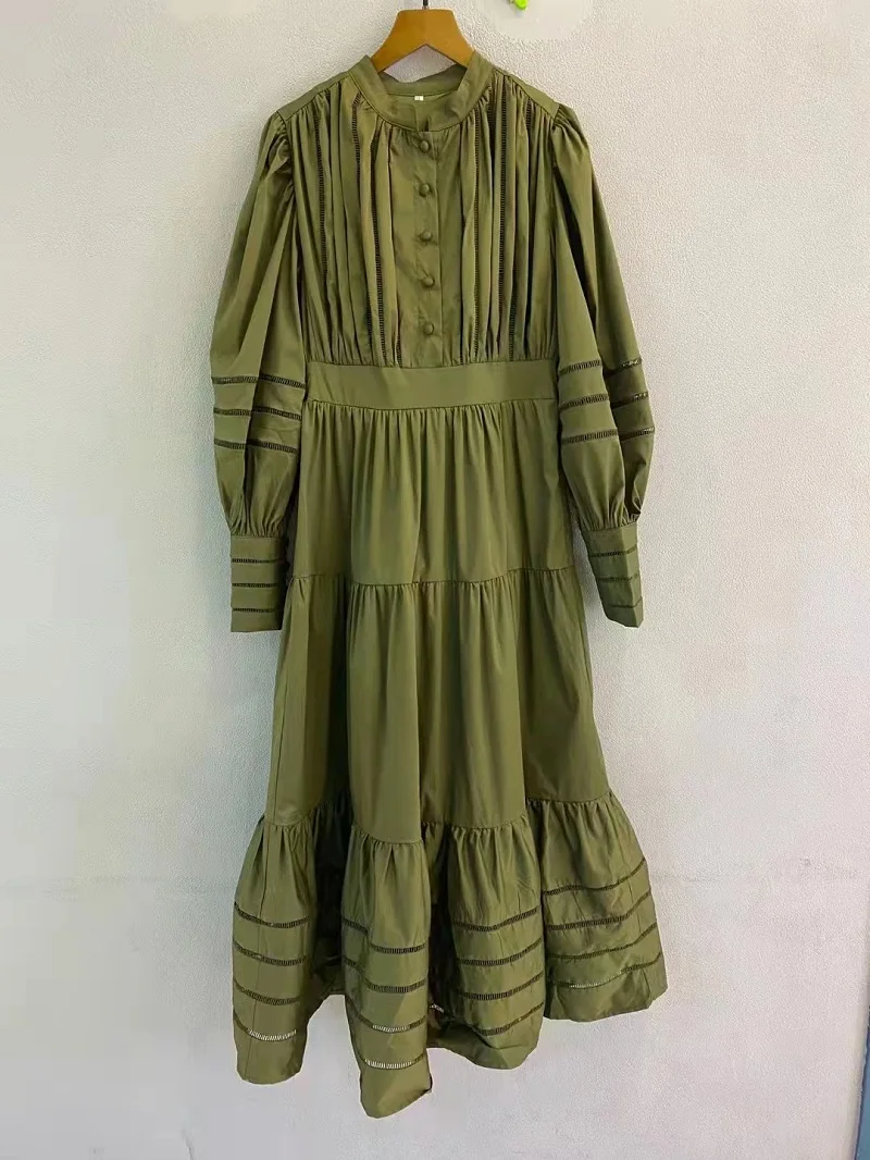

Top Quality New 2022 Autumn Long Dress Women Hollow Out Embroidery Tunic Button Long Sleeve Casual Green White Black Dress Maxi