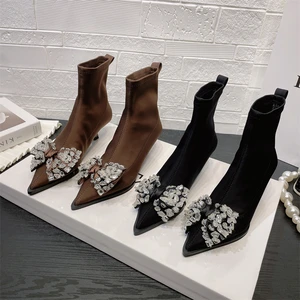 Autumn Short Elastic Boots Women's Rhinestone Bow Explosion Style Pointed Toe Ankle Boots Black Foreign Cat Heel Skinny Boots
