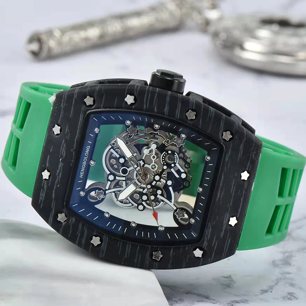 

Luxury Sports Men's Watch Skeleton Transparent Dial Top Brand Quartz Watches Male Mans Silicone Tonneau Clock Relogio Masculino