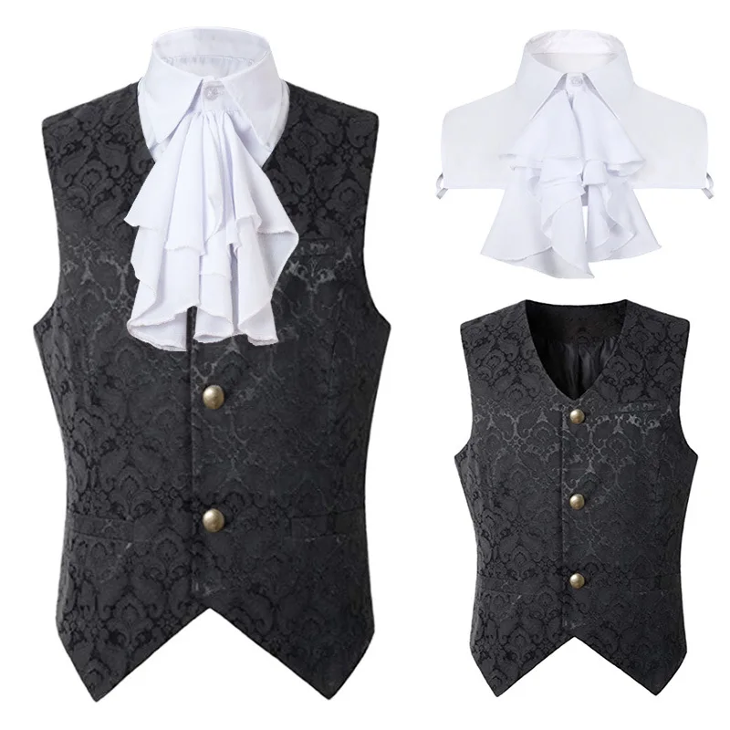 

S-2XL Medieval Renaissance Vintage Prince Waistcoat Cosplay Costumes Men Gothic Victorian Vest Jabot Tie Suit