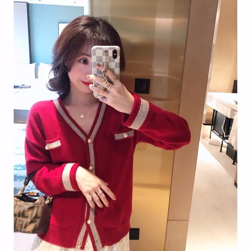 

Cardigan Sweater Female Spring Solid Red Clothes Superimposed Knit Sweater Coat Women's 2023 Long Sleeve V Neck Cardigan Sweater