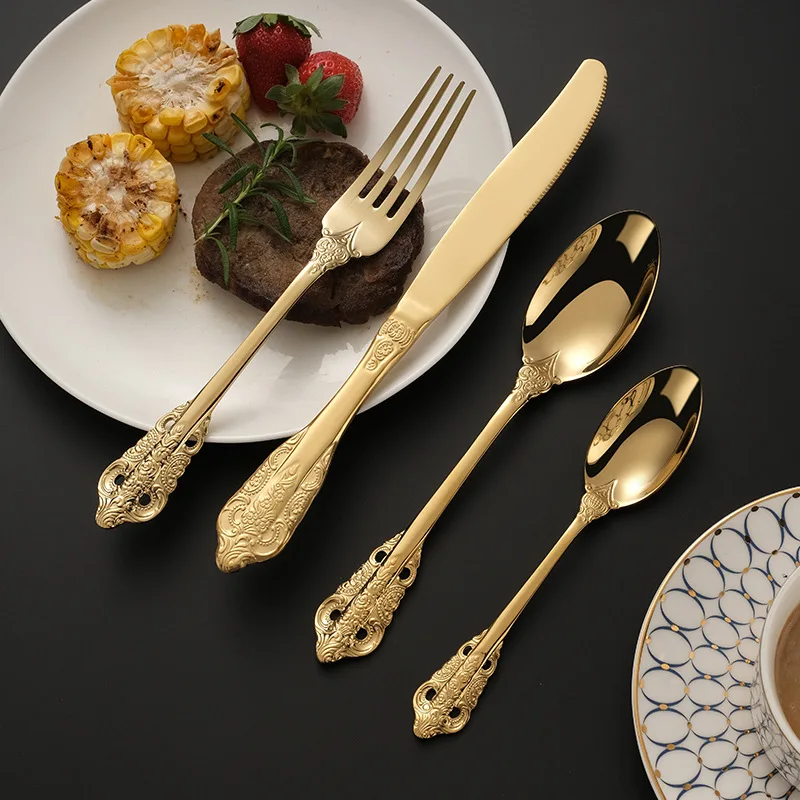 

Engraving Gold Cutlery Set,Silverware Set of 4 Western,Luxury Dinnerware Plates Tableware Gold Spoon Kitchen Accessories Kit
