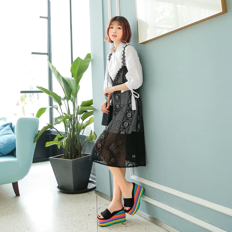 ew mody tęczowe z wystającym palcem 9cm ciasto kapcie na obcasie dla kobiet elastyczne tkaniny kliny piankowe szpilki kobiece slajdy