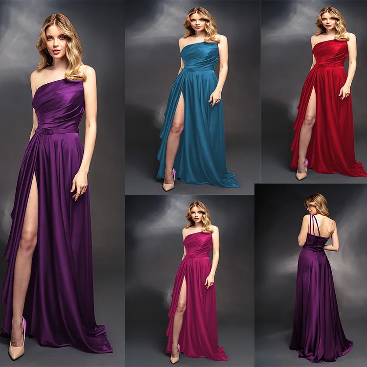 

Sexy One Shoulder Evening Party Dress For Women Fashion High Slits Backless Solid Wedding Long Dresses Ladies Elegant Maxi Robe