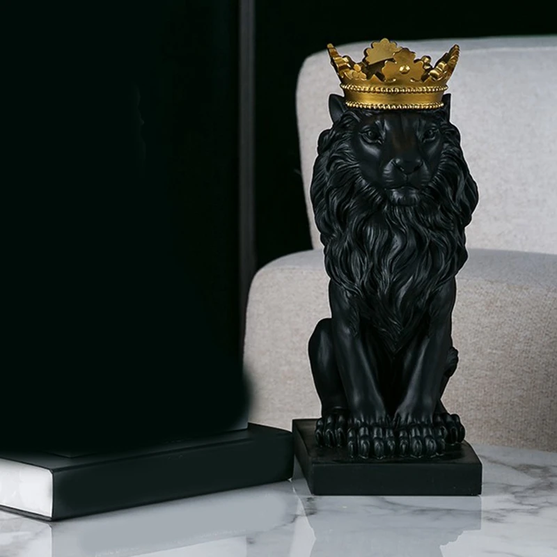 2 Pcs Crown Lion Statue Home Office Bar Male Lion Faith Resin Sculpture Crafts Animal Art Decor Ornaments, Gold & Black