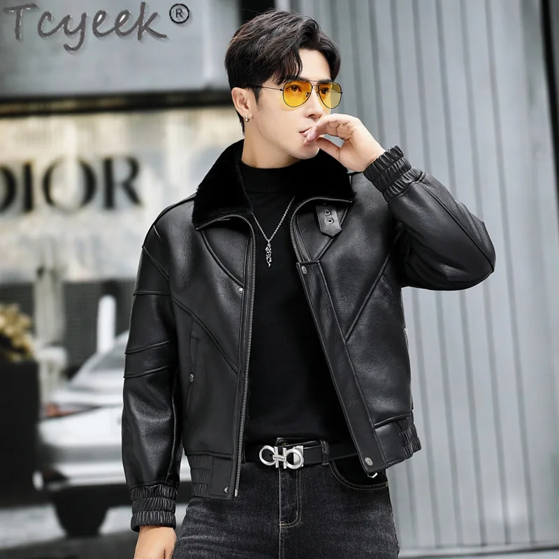 Tcyeek Мужская куртка из натуральной кожи 2024 пальто овчины зимняя одежда мужские