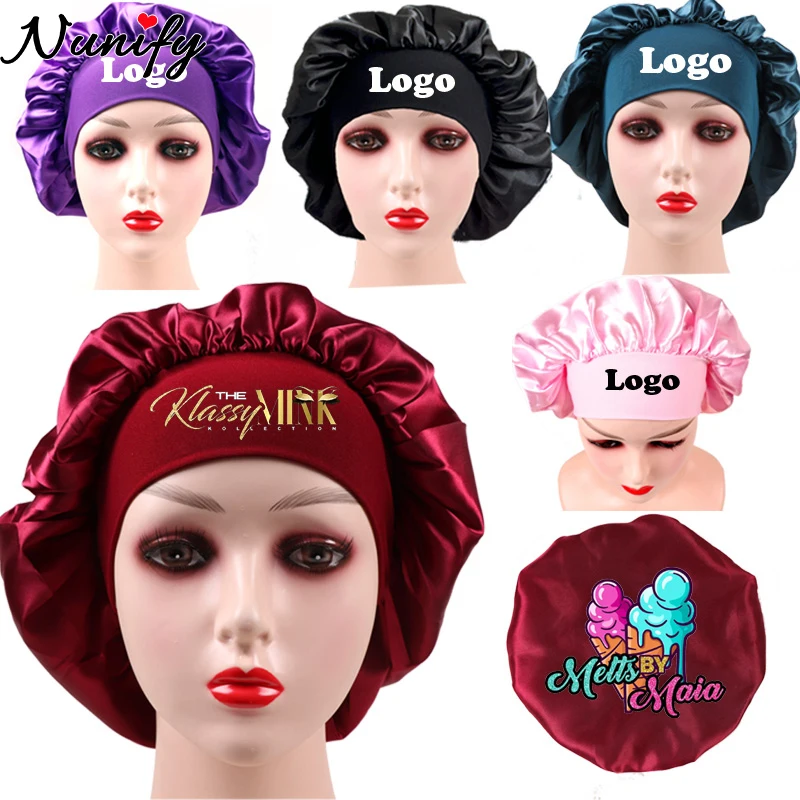 5Pcs Customize Satin Solid Head Cover Bonnet With Logo Brown Wide Elastic Night Sleep Cap For Women Personalized Satin Bonnet