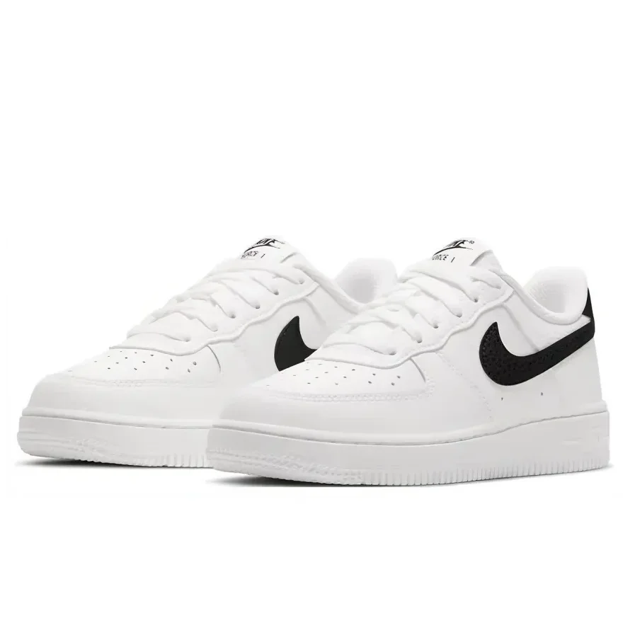 Nike Air Force 1 Leather Comfortable Anti-slip Shock Absorption Low Top Kids Board Shoes Black White Teenagers