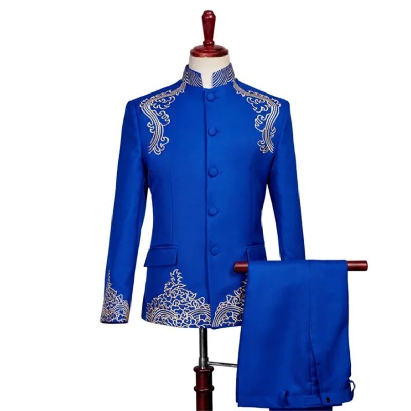 Terno masculino blue Blazer men groom suit set with pants embroidery Chinese tunic suit mens singer stage clothing formal dress
