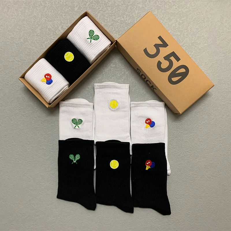 3 Pairs/Box Simple Tennis Pingpong Stockings Cotton Harajuku Embroidery Soft Sport Pack Breathable Long Gifts Men Women Socks