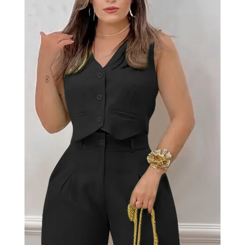 Women Sleeveless Buttoned V-neck Crop Top High Waist Pants Set Casual Two Piece Suit Sets Women Outfits Set Summer Outwear 2023