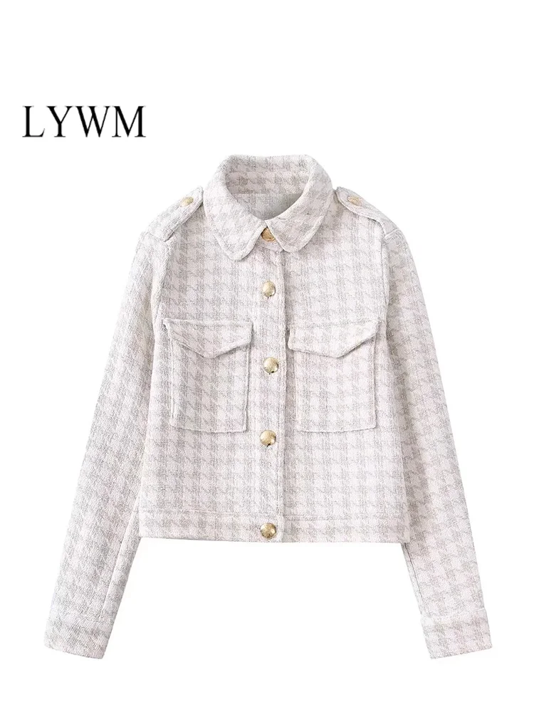 

LYWM Women Fashion Outwears Plaid Tweed Blazer Jacket Single Breasted Vintage Female Chic Coat Outfits Mujer