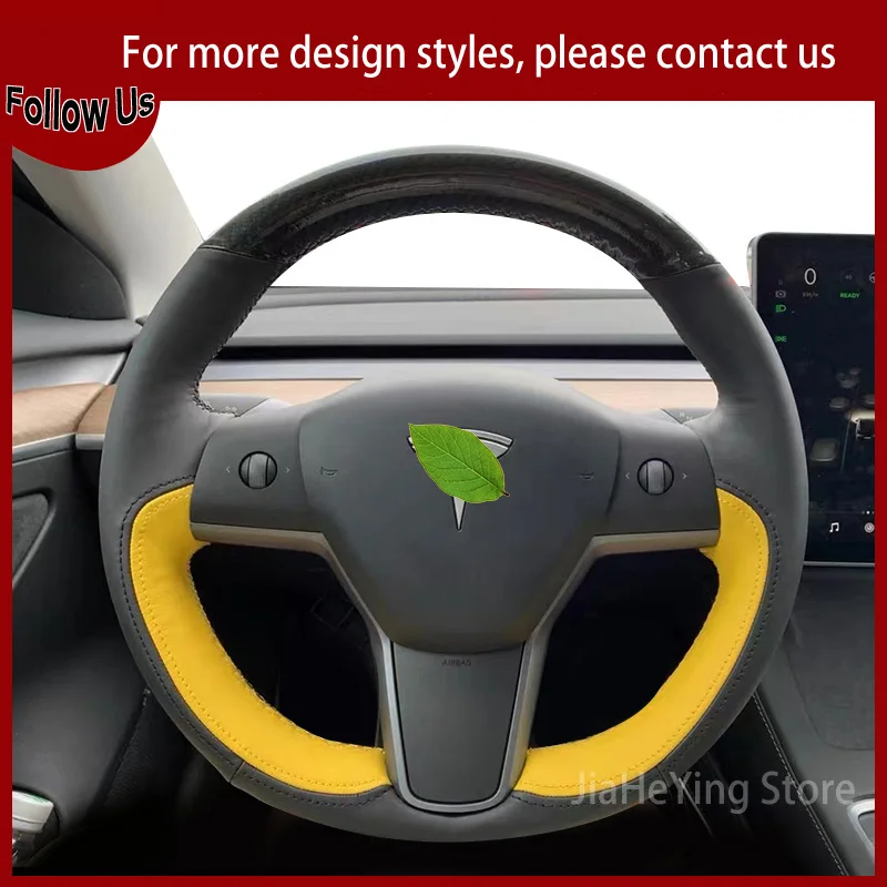 

For Tesla Model 3 Model X Model S Car Steering Wheel Cover Wrap Hand-stitched PU Carbon Fiber Black Yellow Leather Accessories