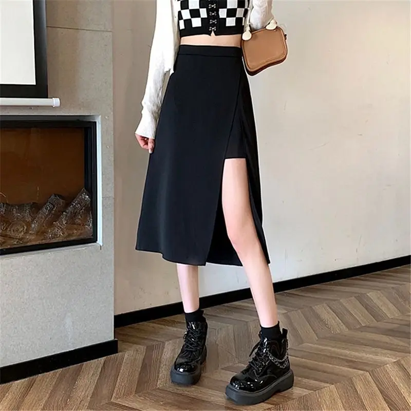 

Spring Summer New Black Split Hem Mid Length A-line Skirt Solid Color Loose All-match Skirts Simplicity Fashion Women Clothing