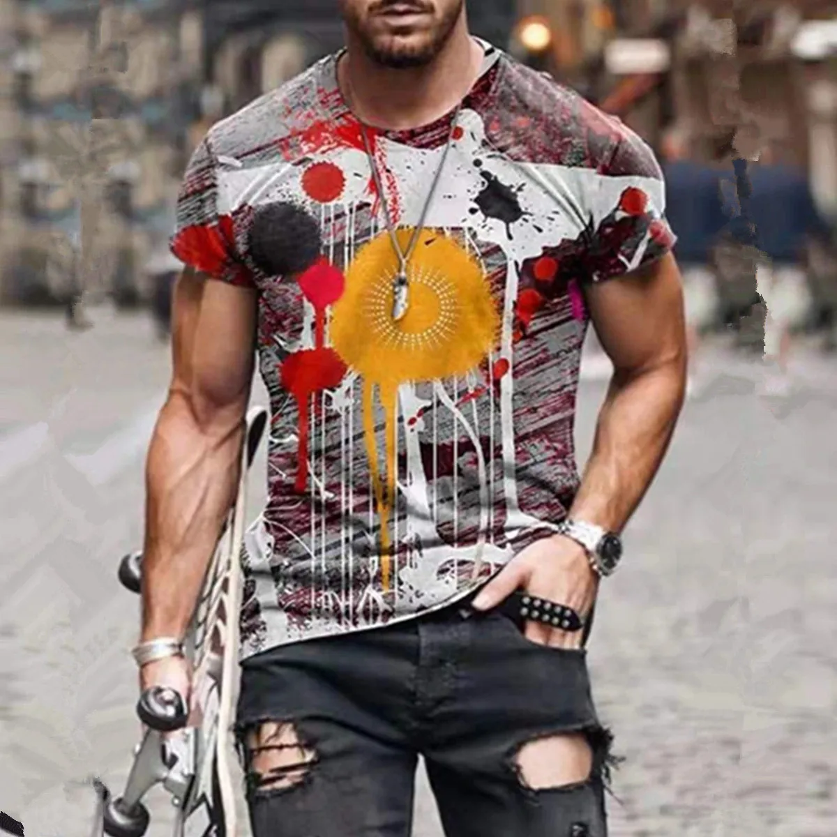 

Men's Fashion Vintage Abstract Pattern Short Sleeve Tshirts 2021Summer New Oversized O Collared Graphic T Shirt For Men Clothing