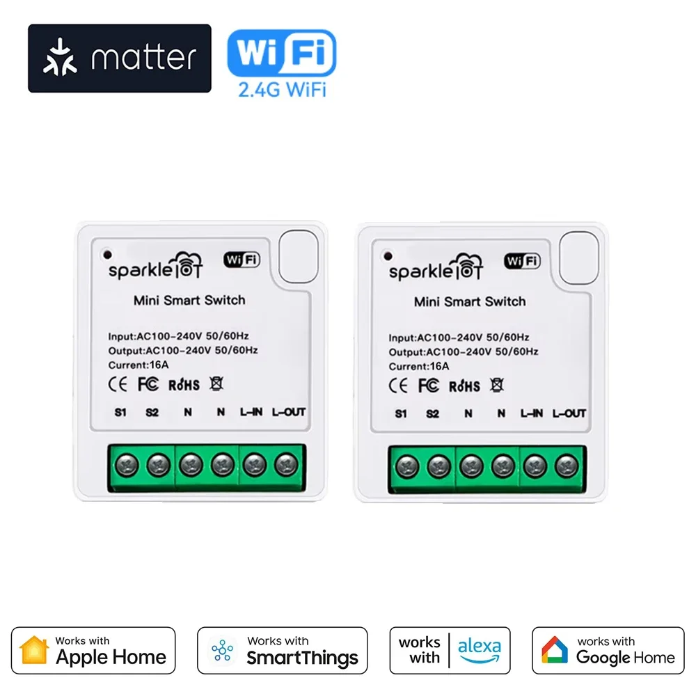 

Умный переключатель Matter 16A, мини-релейный модуль Wi-Fi, беспроводной выключатель света «сделай сам», домашняя автоматизация, работает с Homekit Alexa Google Home
