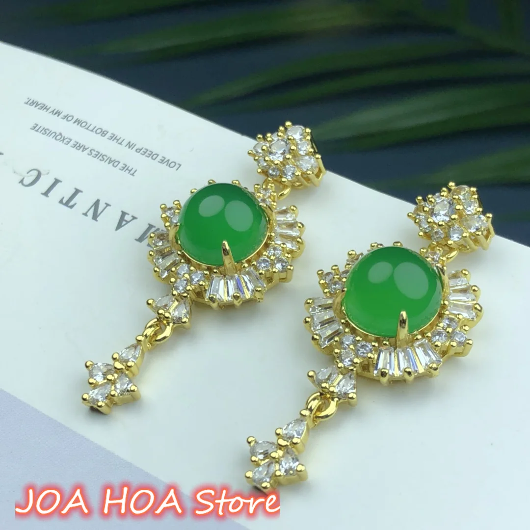 

High-quality Jewelry Earring Gold-plated Inlaid Natural Chalcedony Agate Eardrop Green Jade Perfect Chain