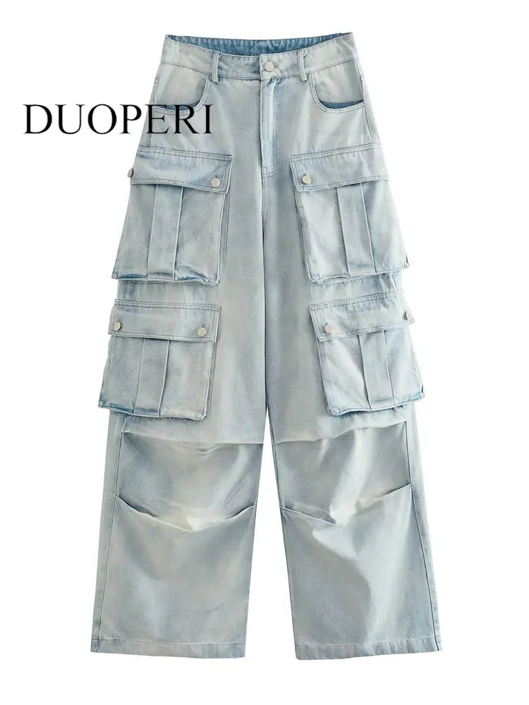 

DUOPERI Women Fashion With Pockets Denim Light Blue Front Zipper Cargo Pants Vintage High Waist Female Chic Lady Jeans