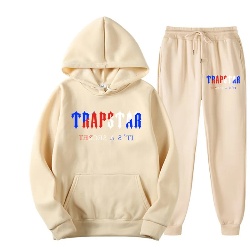 TRAPSTAR LETTERS PRINT Men's and Women's Multicolor Warm Two Piece Loose Hoodie+Trousers Jogging Set