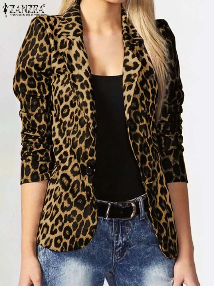 

ZANZEA Women OL Blazer 2022 Fashion Ladies Office Suits Button Up Outwears Oversized Spring Summer Female Leopard Lapel Coats 1