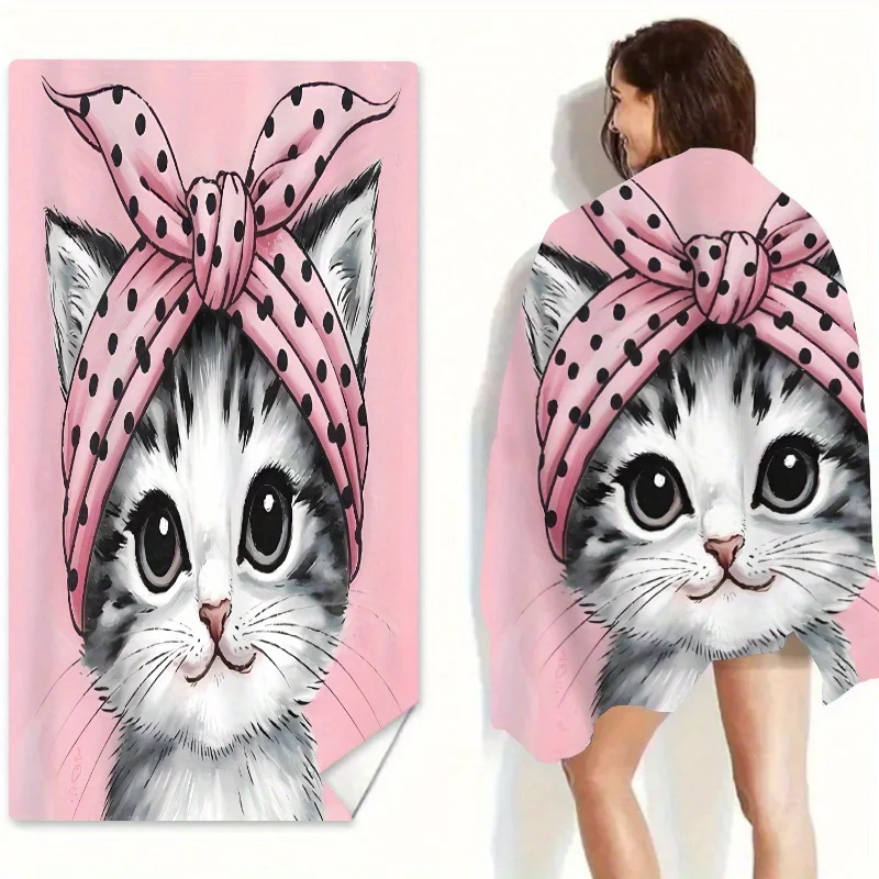 Фото Пляжное полотенце Sweet Cat, банное полотенце с рисунком котенка с большими глазами и повязкой на голову в горошек, идеальный подарок для любителей кошек, девочек, плед для отпуска №1