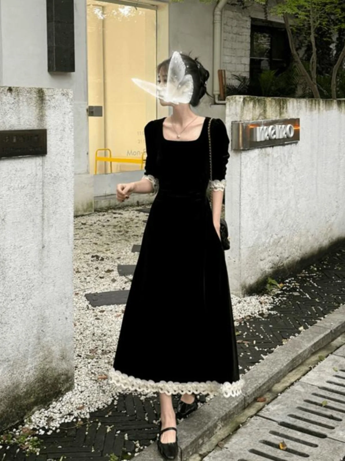 Французское платье Hepburn Sle Черное бархатное с длинными рукавами Женское осеннее