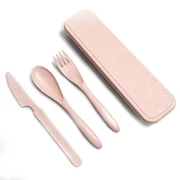 wheat straw tableware set portable reusable colorful flatware kit school hiking holiday cutlery with storage case blue