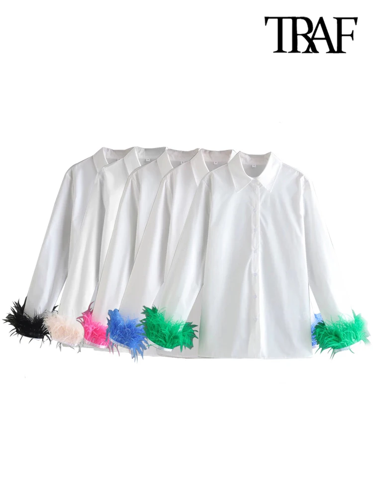 

Модные женские блузки TRAF с перьями, свободные женские блузки в винтажном стиле с длинным рукавом и пуговицами, шикарные топы