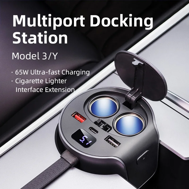 

2023 Newest For Tesla Model 3 Y Docking Station 65W USB Type C Hub Quick Charger HUB conversion head USB converter accessories