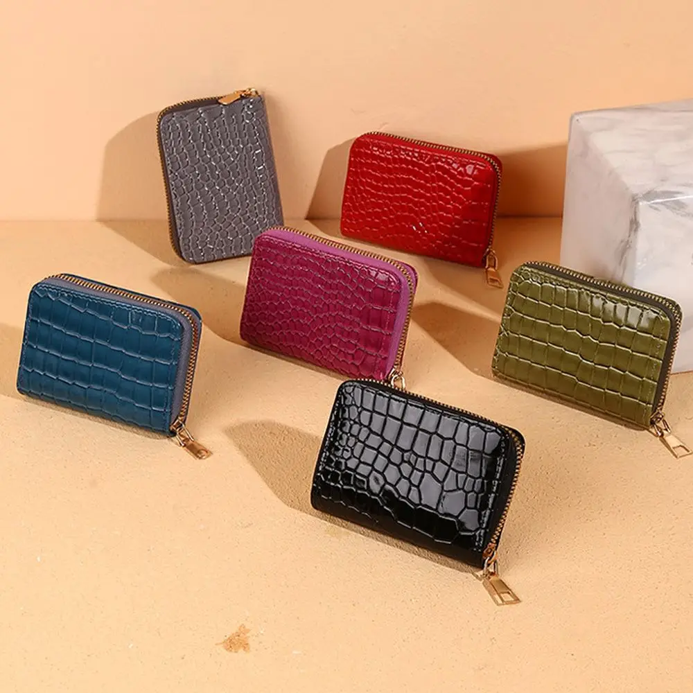

Men Women Card Holder Crocodile PU Leather Small Zipper Wallet Solid Coin Purse Organ Style Design ID Business Credit Card Bags