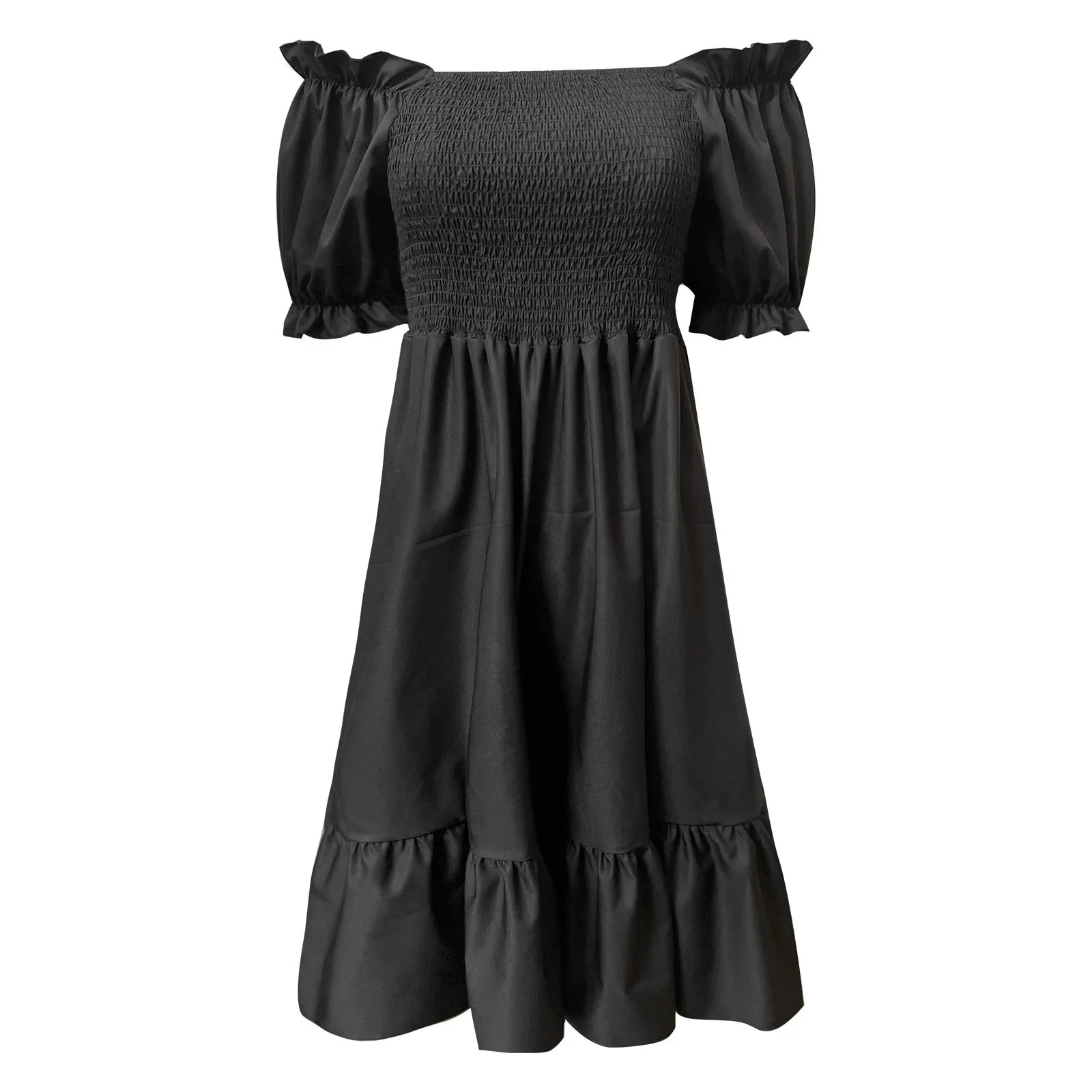 

Solid Color Short Sleeved Dress High Waist Women's Simple Exquisite Design off Shoulder A Line Prom Dress