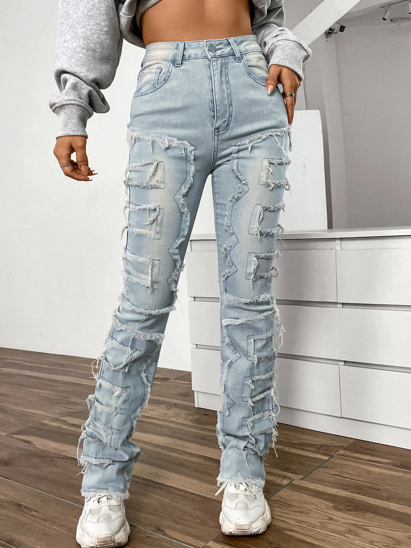 

Женские винтажные джинсы в европейском стиле, длинные рваные брюки из спандекса с потертостями и бахромой в уличном стиле, голубые
