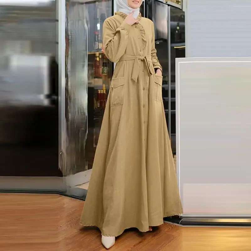 Muslim Arab Elegant Ruffles Collar Long-sleeved High Waist Fashion Maxi Dress Middle East Pocket Buttons Casual Long Dresses