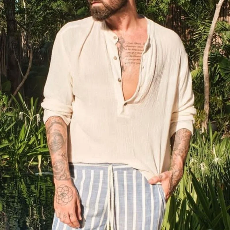 Men Shirt Top Summer Solid Color Loose Pullover Shirt Men Long Sleeve Single-Breasted Stand Collar Shirt Cotton and Linen Shirt