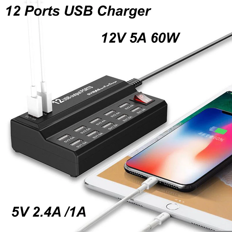 

12 Ports 12V 5A 60W 5V 2.4A/1A Multi USB Charger Desktop Fast Station Mobile phone For iPhone iPad Kindle Samsung Xiaomi humidifier phone pc tablet power bank usb speaker usb fan usb led light