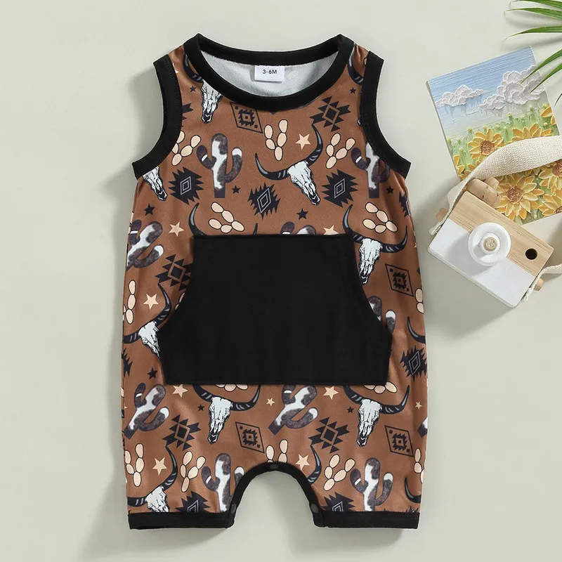 

Infant Baby Boys Short Romper Summer Clothes 2023 Cow Sleeveless Pocket Snap Closure Jumpsuits for Kids Baby Items Newborn