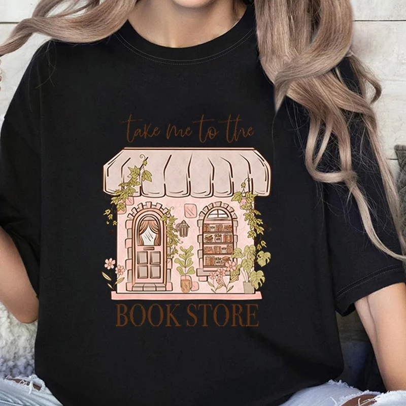 Фото Футболка с рисунком Take Me To The Bookstore, летняя футболка с короткими рукавами для любителей книг, классические удобные футболки в стиле ретро с героями мультфильмов, забавные футболки для чтения №4