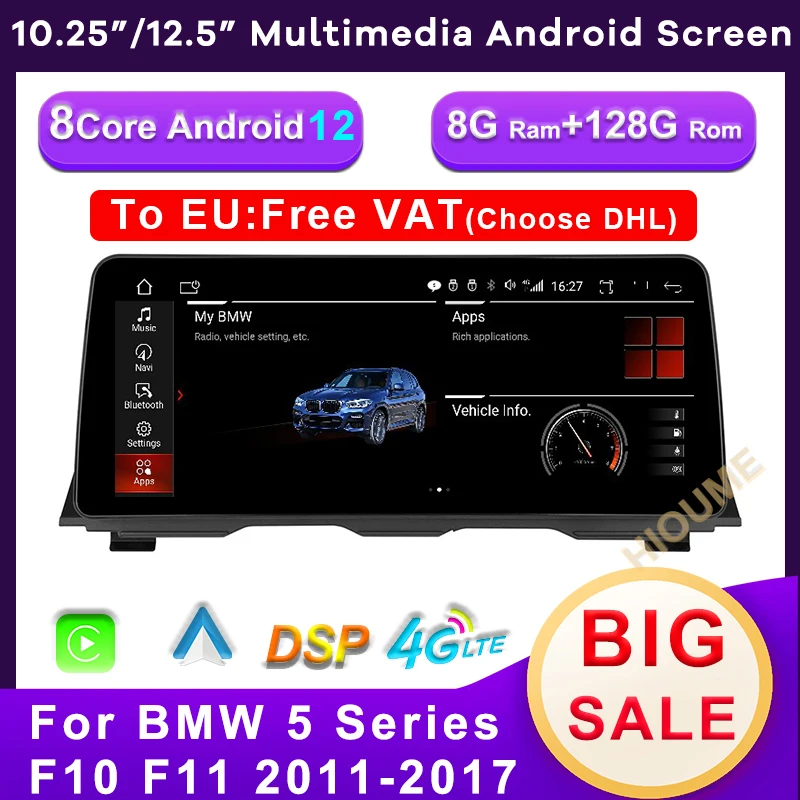 

Автомобильный мультимедийный плеер, 10,25 дюйма/12,5 дюйма, 8 ядер, 8 ГБ + 128 ГБ, Android 12, для BMW 520i 525i F10 F11 2011-2017, CarPlay, Android, авто