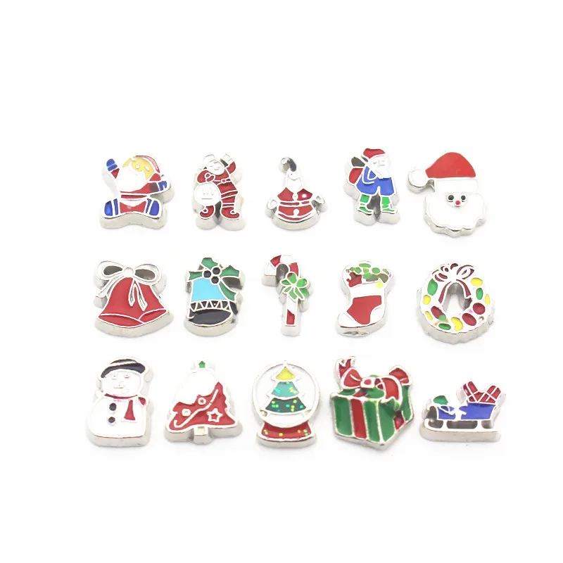 Mixs 10pcs/Lot Metal Enamel Christmas Floating Charms Fit Living Glass Memory Locket Pendant Necklace DIY Jewelry Lucky Gift