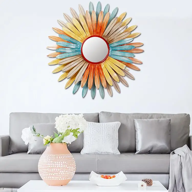 

Home Decor Wall Art Mirror,Living Room Large Beauty Leaves Sun Flower Shape Hanging Metal Framed Decorative Wall Mirror
