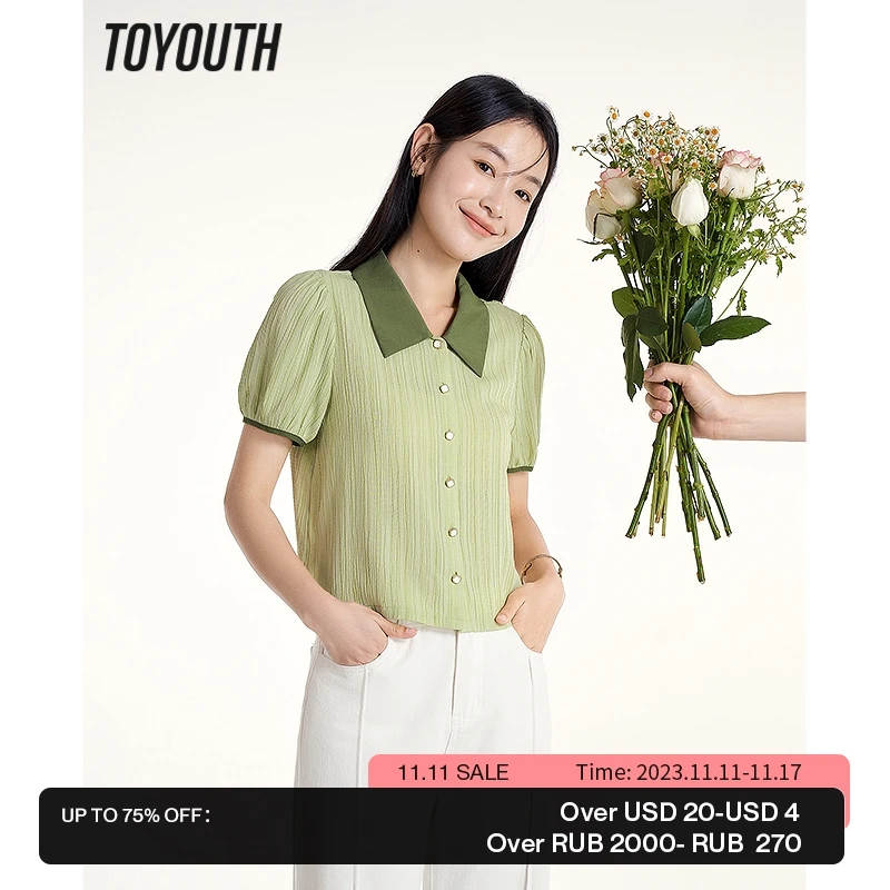 

Toyouth Women Blouse 2023 Summer Puff Sleeves Polo Neck Loose Shirts Contrast Color Jacquard Fashion Elegant Green Tops
