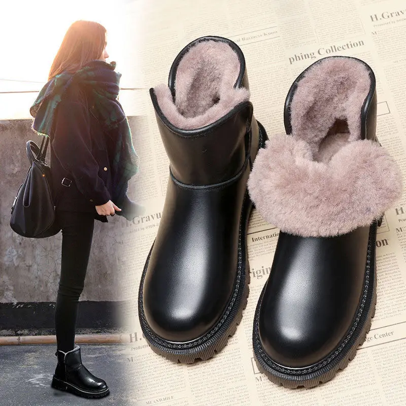 Leather and Fur Shoes for Women Waterproof Black Women's Snow Boots Furry Winter 2023 Shoe Padded Footwear Boot Booties on Sale