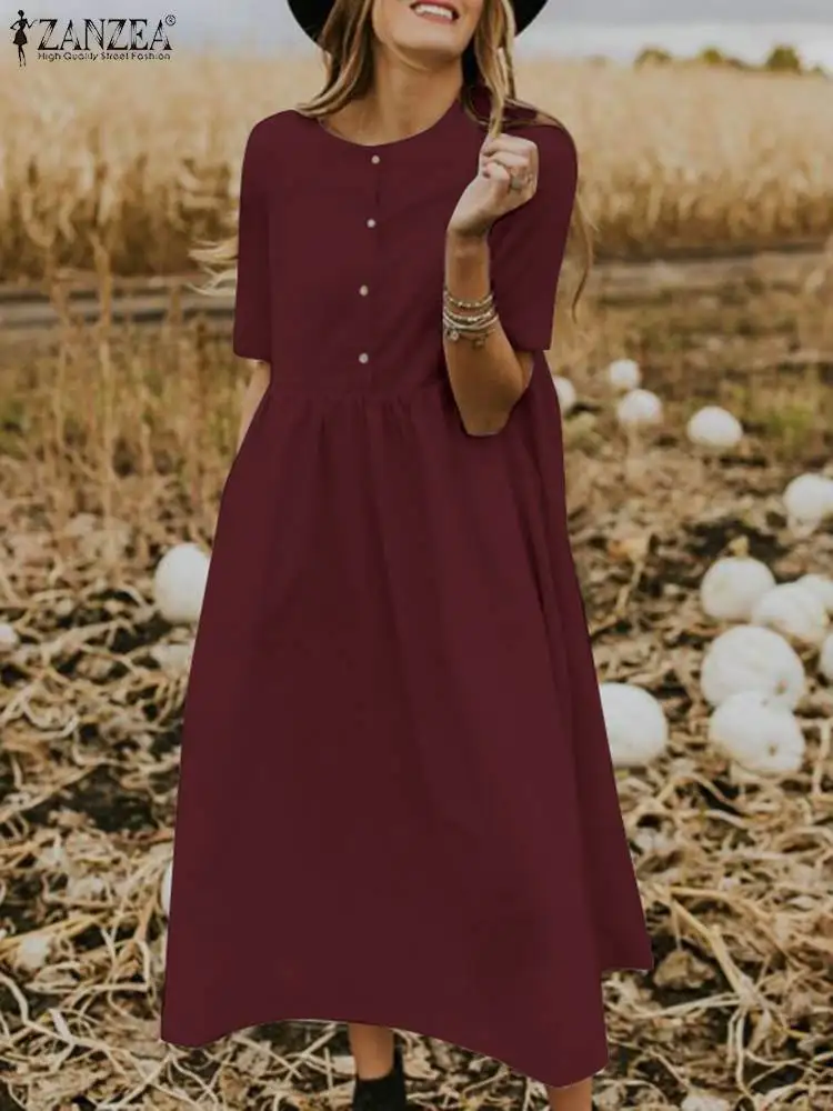 

Элегантное платье ZANZEA, женские летние однотонные платья, женское модное Повседневное платье с коротким рукавом и круглым вырезом, сарафан д...