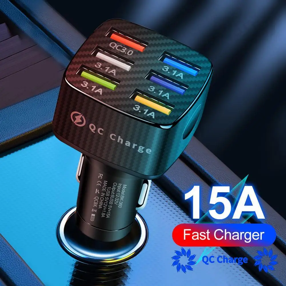 

15A 6 Ports Car USB Charger QC 3.0 4.0 Quick Charge For IPhone 12 Pro Max Xiaomi Mobile Phone Mini LED USB Fast Charging Adapter