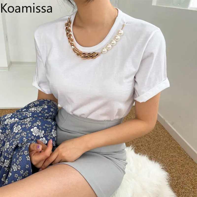 

Koamissa Fashion Pearls O-neck T-shirt for Women Short Sleeves Ladies Summer Tshirts Casual Loose All Match Tees Korean Chic Top