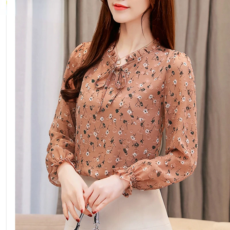 

Spring New Arrival Women Tops and Blouses Elegant Chiffon Blouse Floral Bow Collar Long Sleeve Tops Chemisier Femme